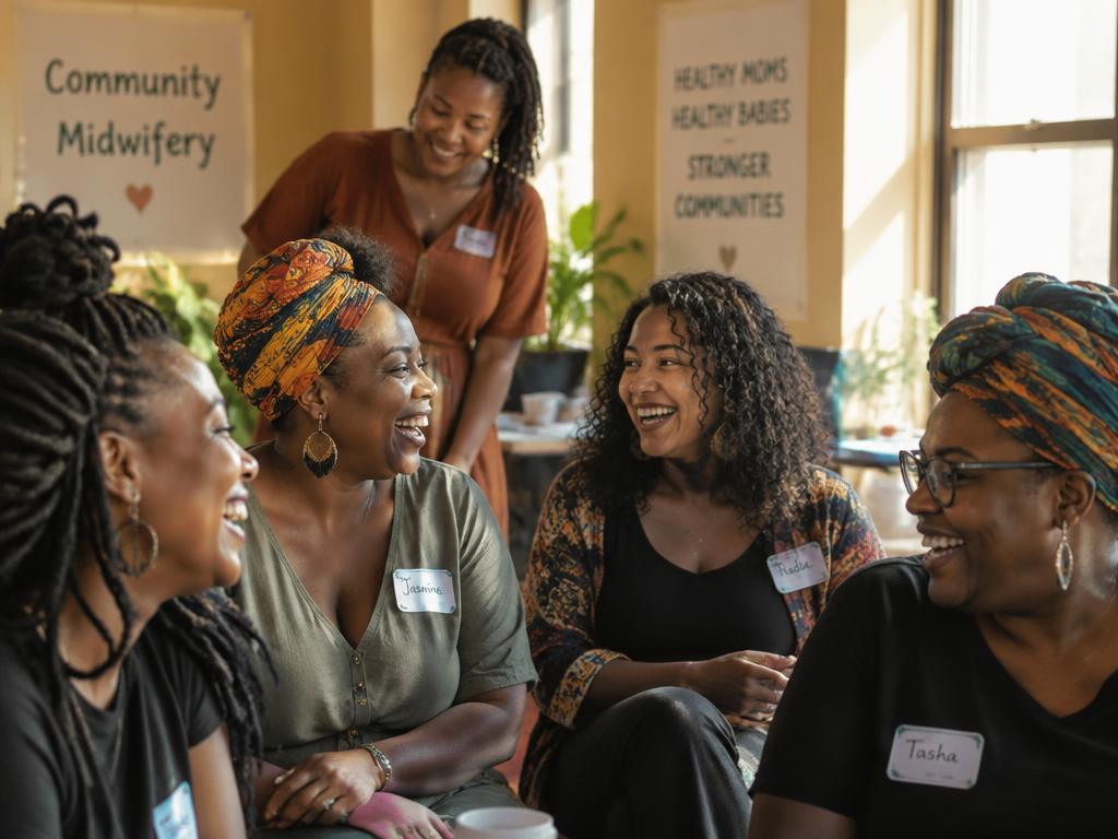 BIPOC midwives laughing together at a gathering